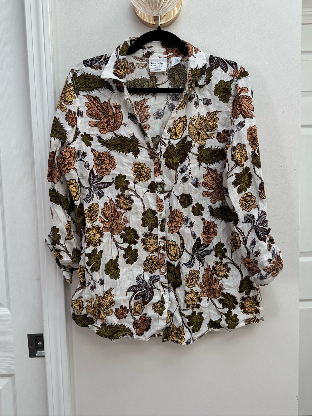Nicole Miller 100% Linen White Floral Button-Down Shirt with Brown & Olive Print